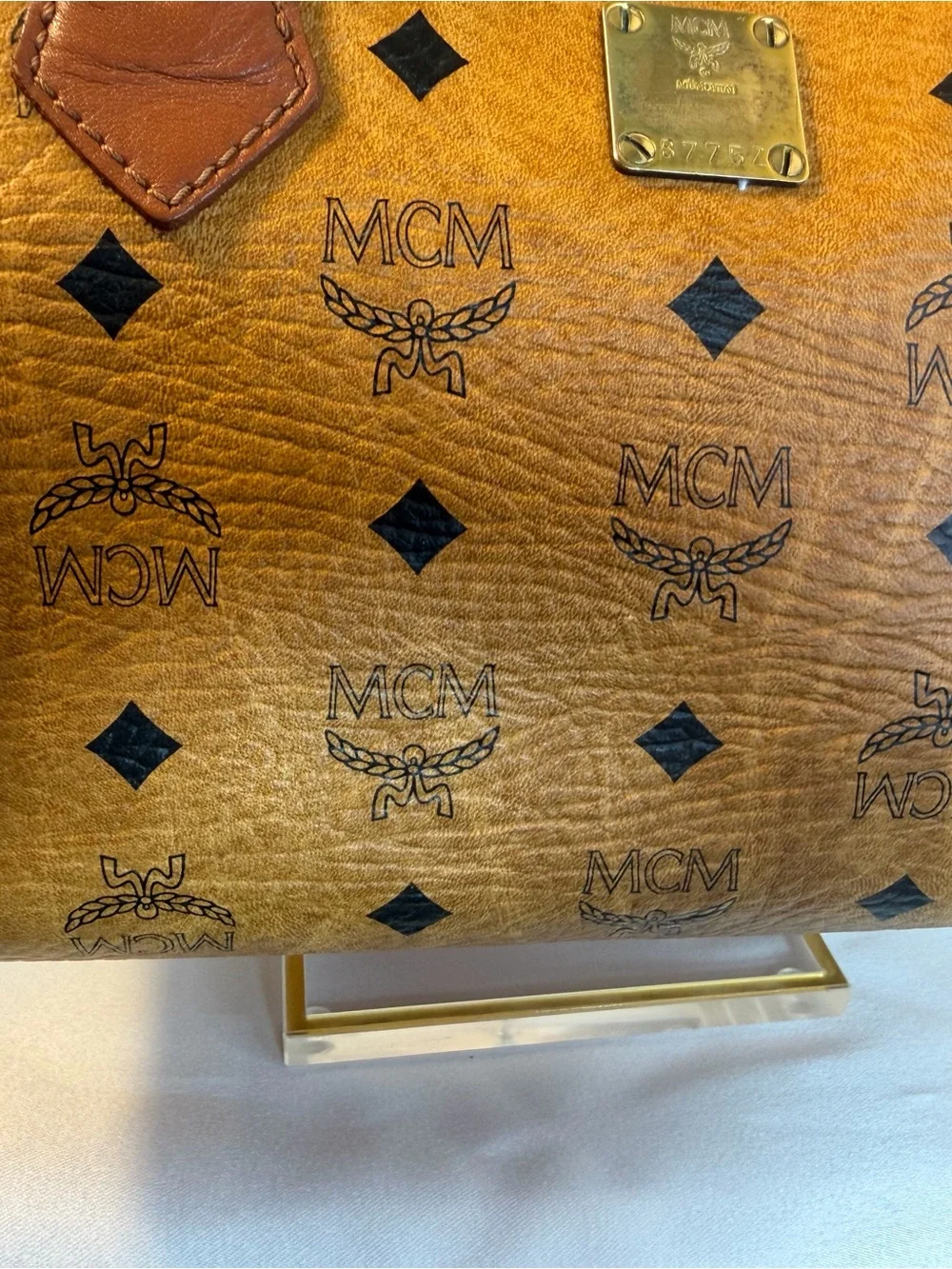 MCM Cognac Visetos Satchel with Tan Trim and Gold Hardware